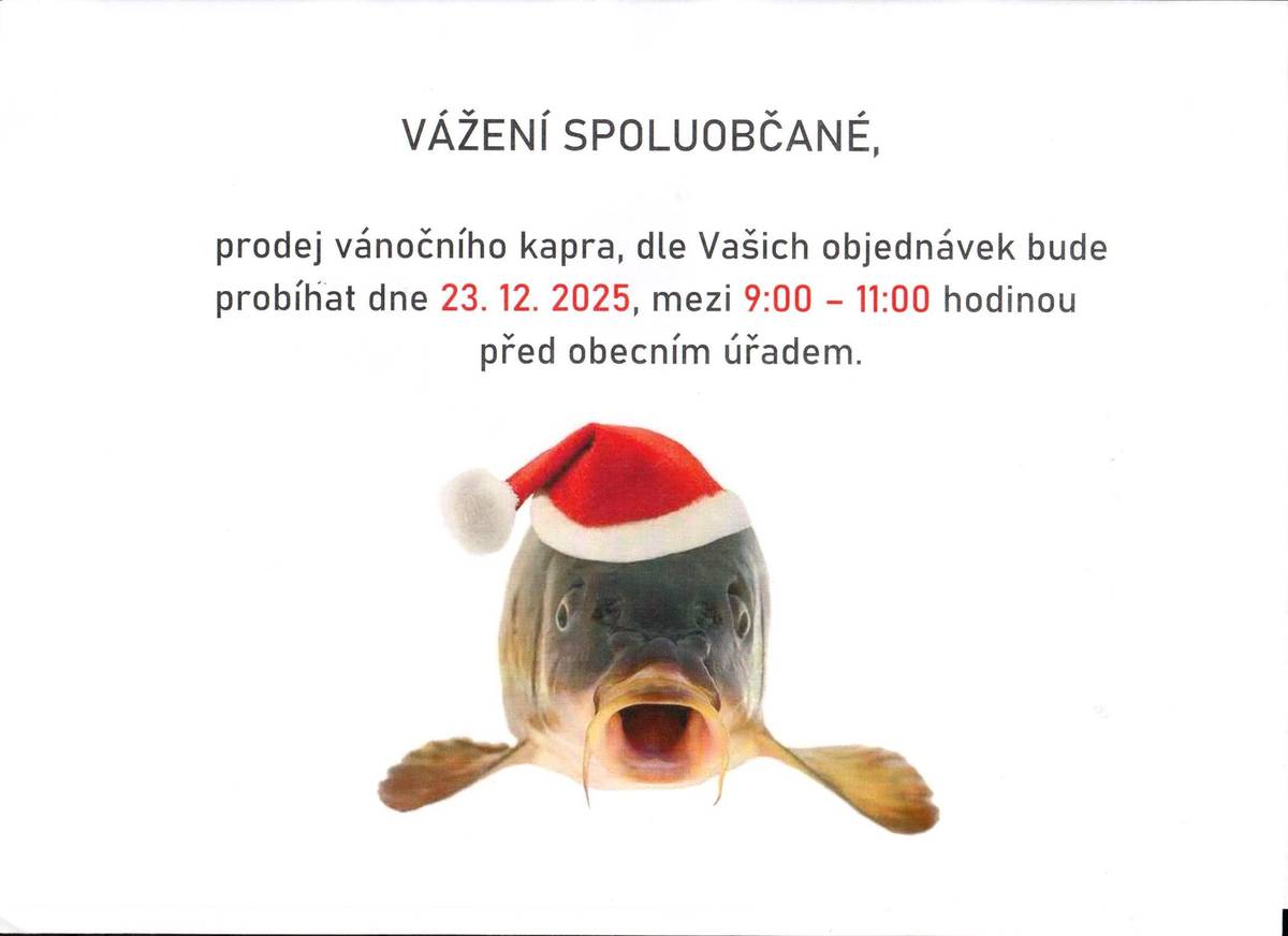 Výdej vánočních kaprů 2025, 23.12.2025 9:00 - 11:00 hodin před obecním úřadem.