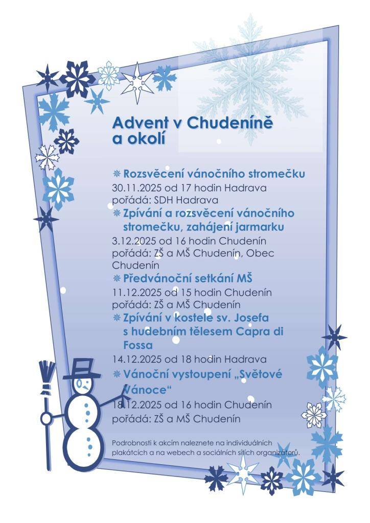 Přehled akcí v adventním čase v Chudeníně a nejbližším okolí.