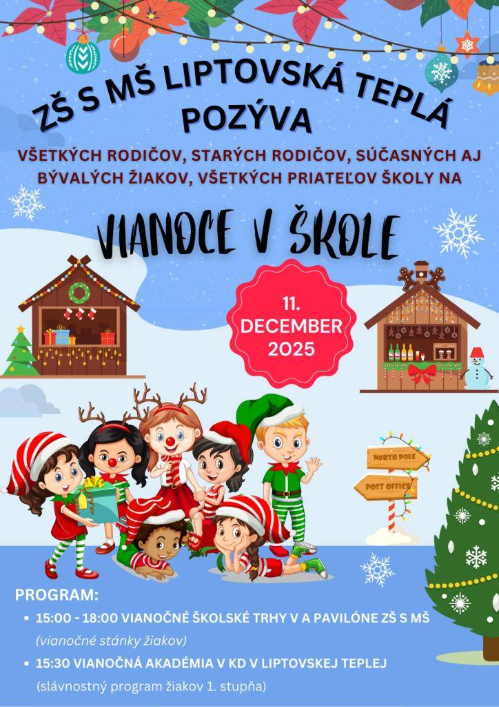 Pozývame všetkých rodičov, starých rodičov, súčasných aj bývalých žiakov a priateľov školy na Vianoce v škole. Tešíme sa na Vás vo štvrtok 11. decembra 2025.