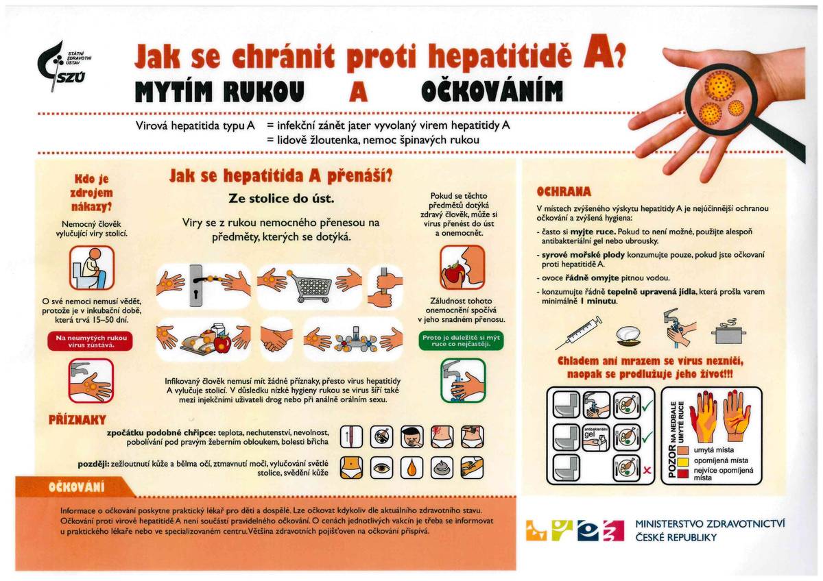 Vážení občané,  chtěli bychom Vás upozornit na zvýšený výskyt virové hepatitidy typu A v okrese Beroun. Zdrojem virové hepatitidy A je nemocný člověk, cesta přenosu nákazy bývá nejčastěji fekálněorálním přenosem, který ale může být zprostředkován též kontaminovaným pokrmem, nádobím nebo náčiním.  Chraňte se před nákazou správným mytím rukou. Hodně zdraví !