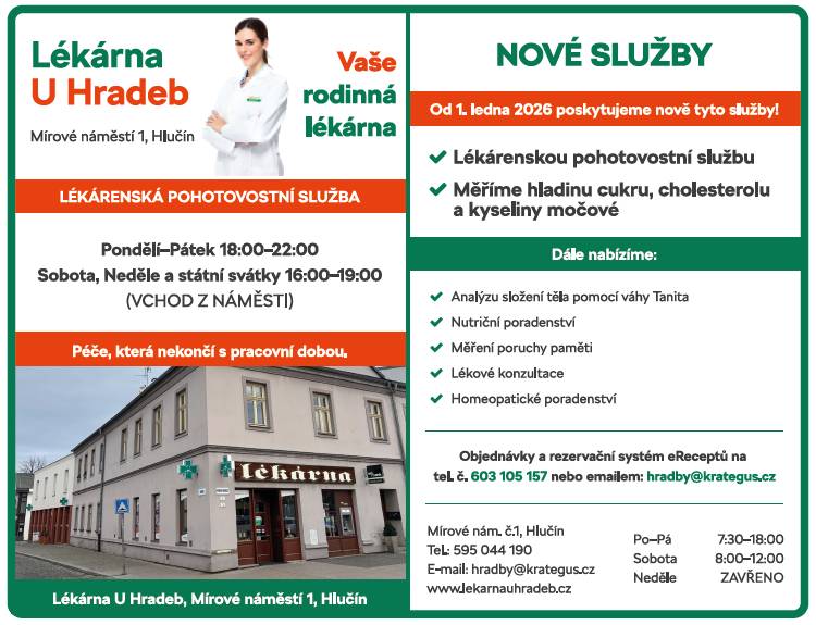 Lékárna u Hradeb, Mírové náměstí 1, Hlučín, Vaše rodinná lékárna, Vám nabízí LÉKÁRENSKOU POHOTOVOSTNÍ SLUŽBU.    Pondělí-Pátek 18:00-22:00  Sobota, Neděle a státní svátky 16:00-19:00