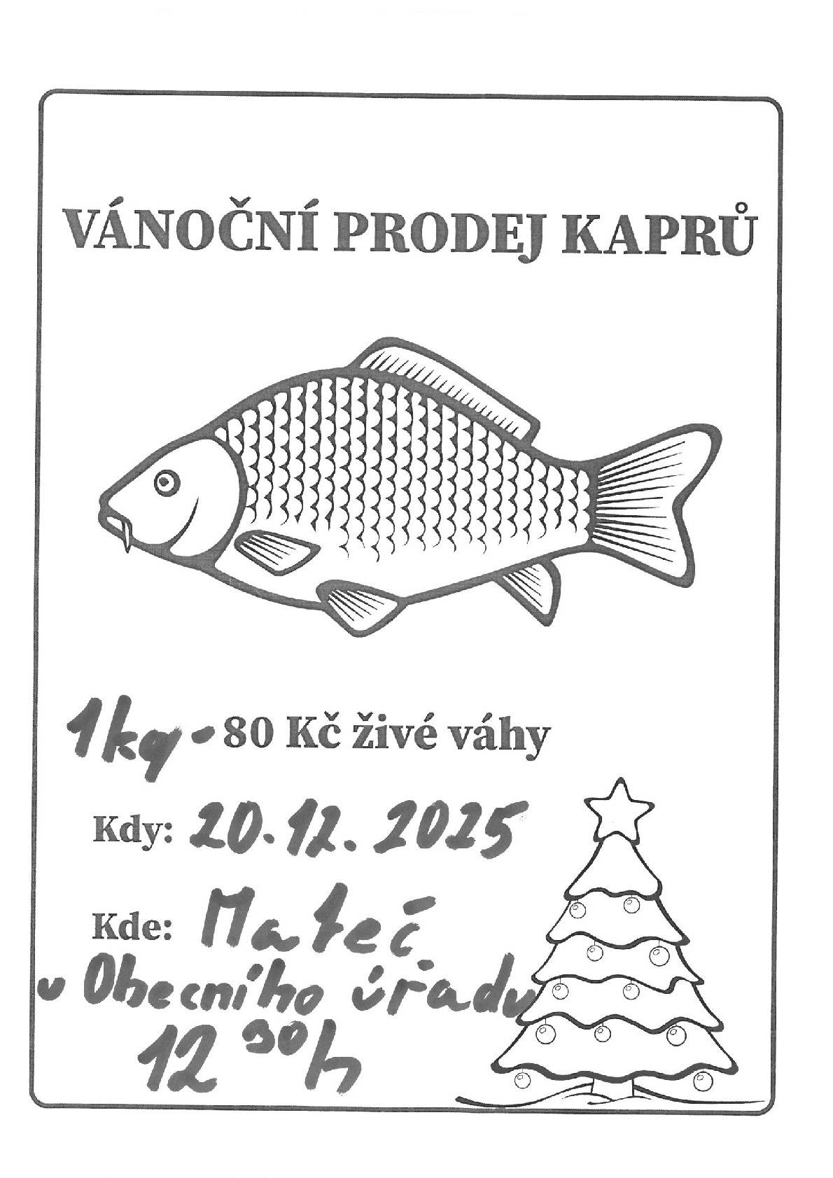 Prodej vánočních kaprů v Malči 20.12.2025 u OÚ ve 12:30h. Cena 80,-Kč/kg.