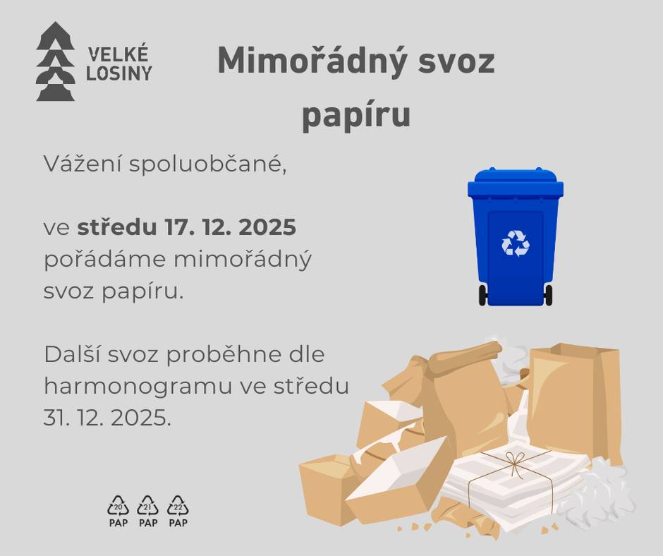 Vážení spoluobčané, ve středu 17. 12. pořádáme mimořádný svoz papíru. Další svoz proběhne podle harmonogramu ve středu 31.12.2025.