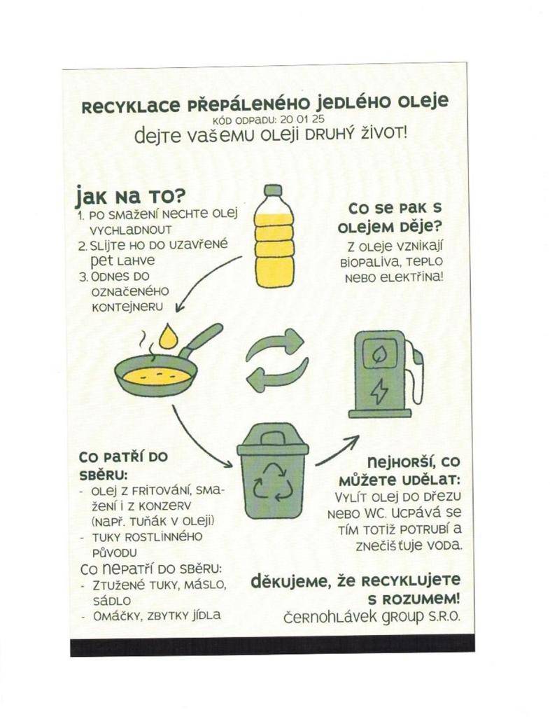 Žádáme občany, aby do černých popelnic na rostlinné oleje vhazovali pouze tento odpad, nikoliv komunální odpad a plechovky od nápojů. Jedlé tuky a oleje vhazujte v uzavřených nádobách (PET lahve). Děkujeme za pochopení