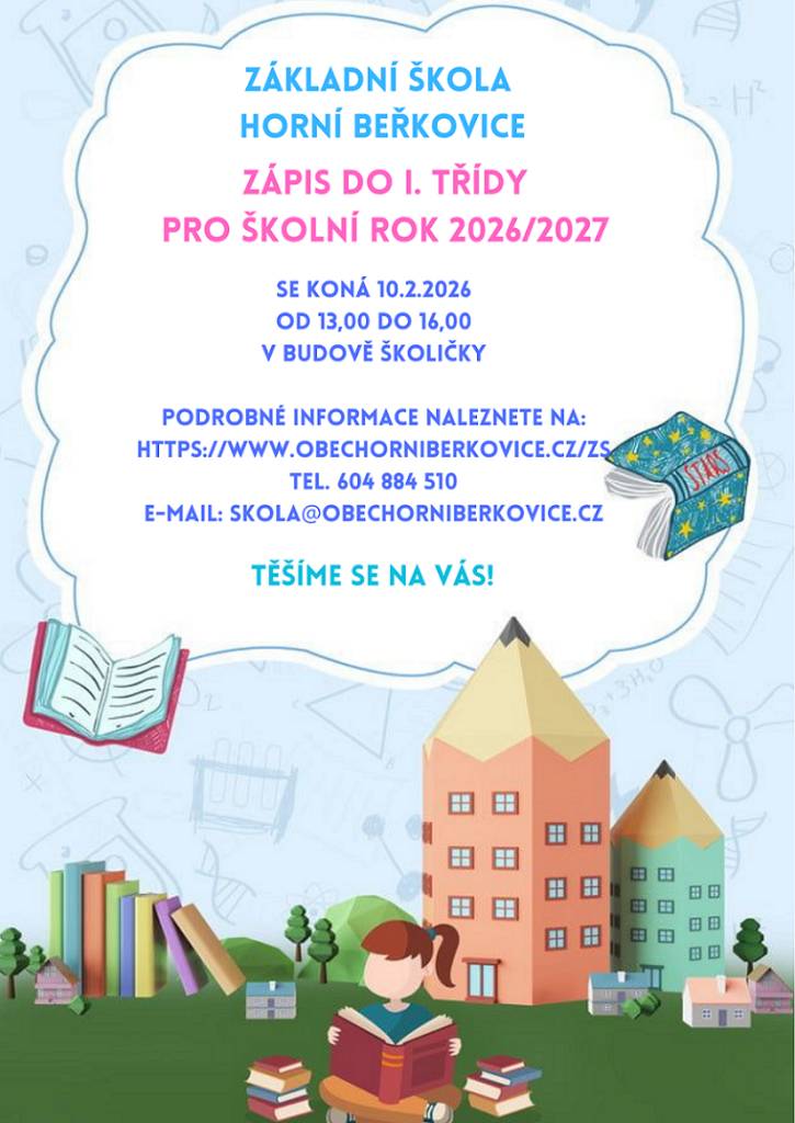 se koná 10.2. 2026 od 13:00 do 16:00 v budově školičky.  Podrobné informace naleznete na:  HTTPS//WWW.OBECHORNIBERKOVICE.CZ//ZS  Tel. 604 884 5410  E - mail: skola@horniberkovice.cz