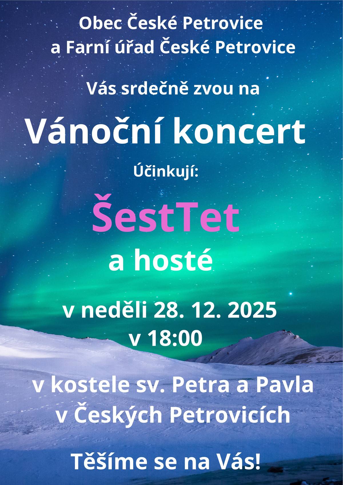 Obec České Petrovice a farnost Klášterec nad Orlicí vás zve na vánoční koncert v kostele sv. Petra a Pavla v Českých Petrovicích dne 28. 12. 2025 od 18 hod.
