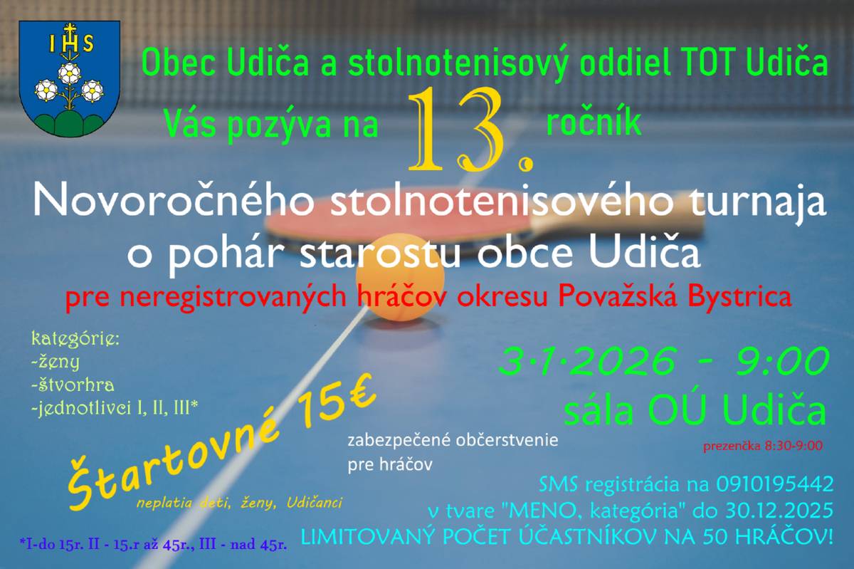 Obec Udiča a stolnotenisový oddiel TOT Udiča vás pozývajú na 13. ročník novoročného stolnotenisového turnaja o pohár starostu obce Udiča pre neregistrovaných hráčov okresu Považská Bystrica.
