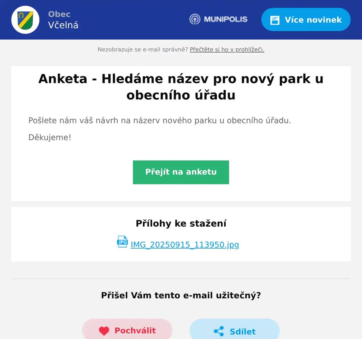 Pošlete nám váš návrh na názerv nového parku u obecního úřadu. Děkujeme!