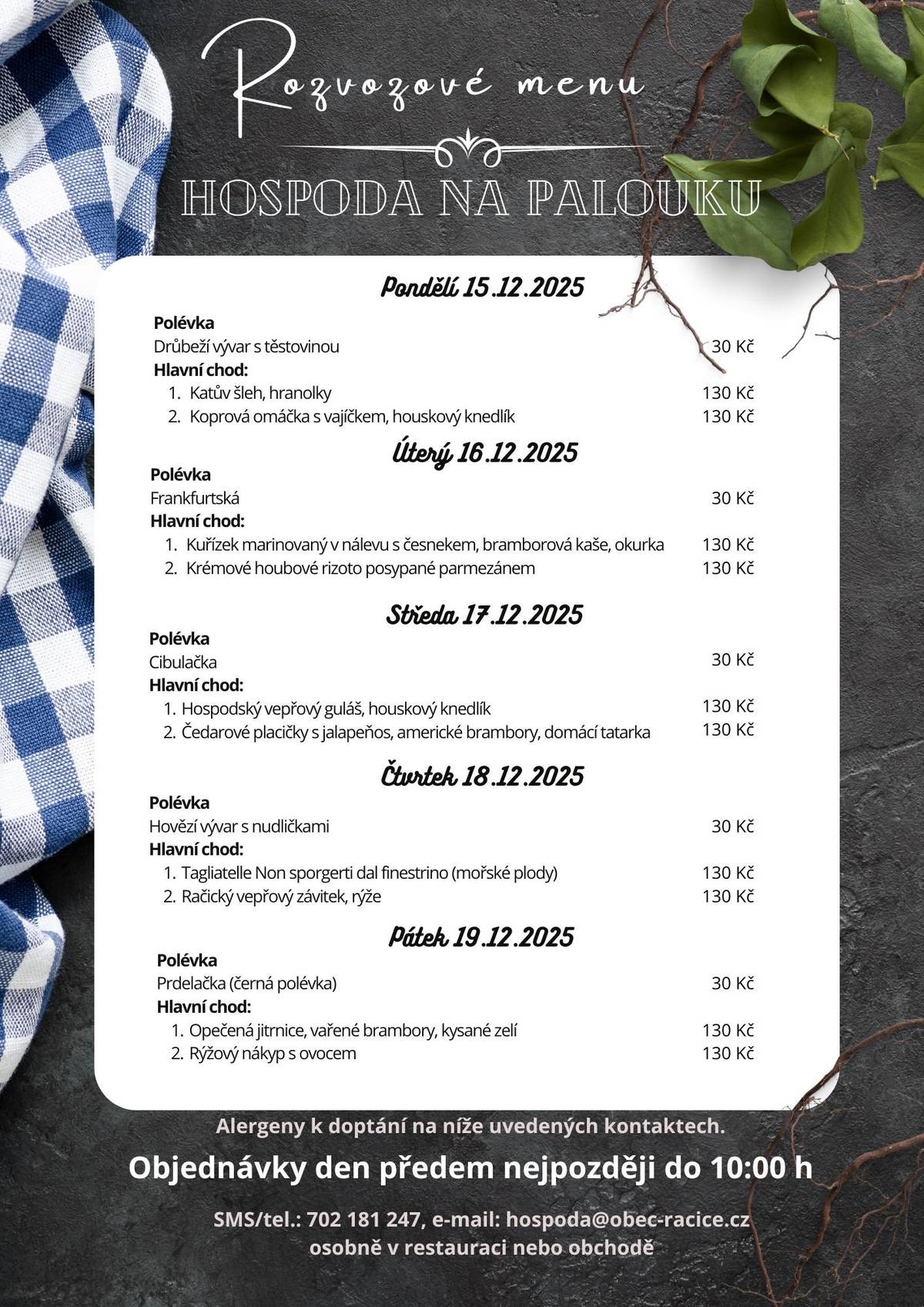 Hospoda na Palouku pro Vás připavila jídelní lístek od 15. do 19.12. O vánoční svátky a nový rok bude služba přerušena. Po novém roce začneme připravovat obědy od 5.1.2026.