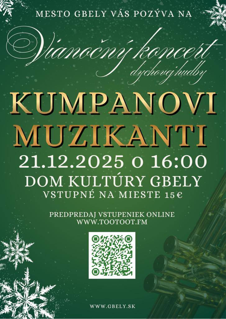 Vstupenky na tradičný Vianočný koncert Kumpanových muzikantov sa rýchlo míňajú, preto si nenechajte ujsť tento výnimočný hudobný zážitok už 21. decembra 2025 o 16:00 v Dome kultúry Gbely.