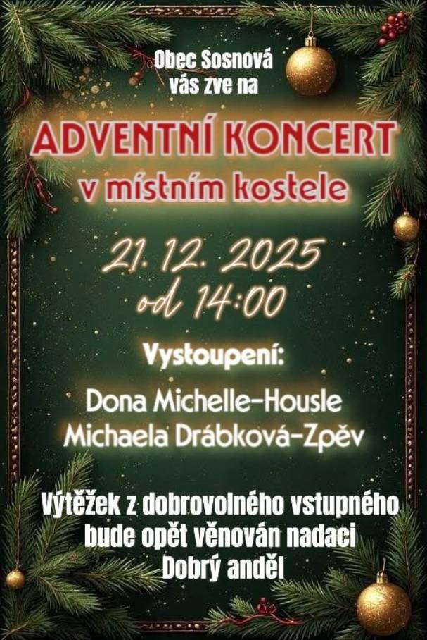 Adventní koncert v místním kostele proběhne dne 21.12.2025 od 14 hod. Těšíme se na Vaší účast.