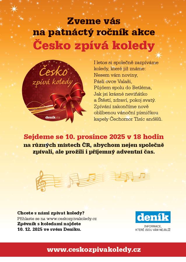 Ve středu 10.12.2025 od 18 hod proběhne zpívání koled pod našim vánočním stromečkem.