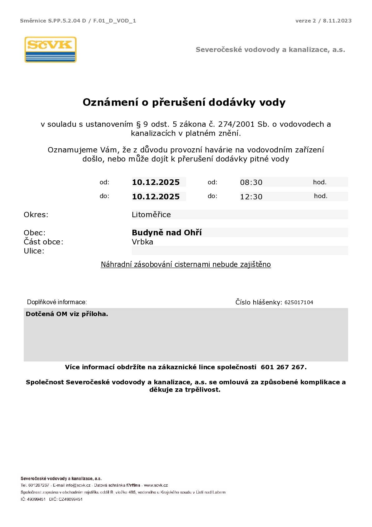 Oznámení o přerušení dodávky vody v obci Vrbka.