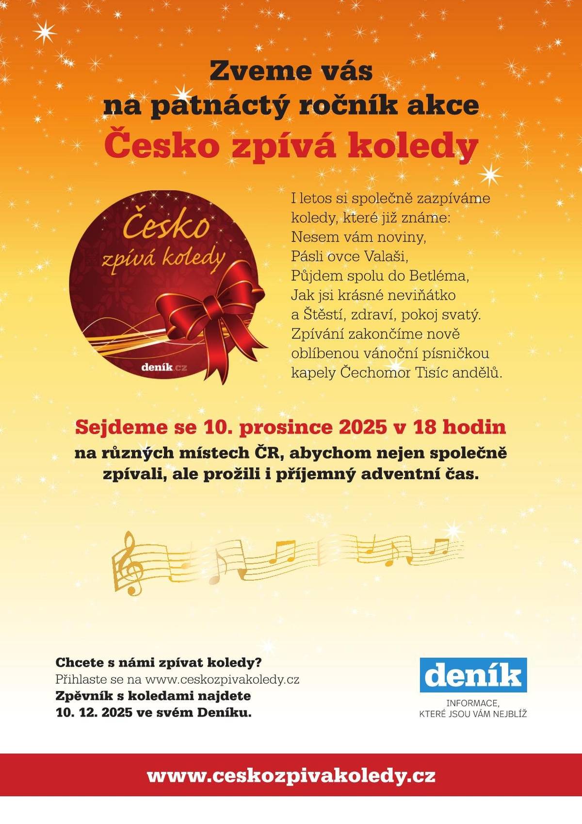 Přijďte si užít kouzelnou adventní atmosféru na náměstí Svobody ve Valticích a zapojte se do celorepublikového zpívání koled v rámci akce Česko zpívá koledy! 📅 ve středu 10. prosince 2025 ⏰ v 18:00 📍 Náměstí Svobody, Valtice Společně si se Základní uměleckou školou zazpíváme nejkrásnější české koledy jako Nesem vám noviny, Pásli ovce Valaši, Půjdem spolu do Betléma a další. Čeká nás příjemná adventní atmosféra, zimní pohoda a krásný společný zážitek. Texty koled budou připraveny vytištěné nebo je máte v příspěvku pod. Přijďte se naladit na Vánoce, potkat se s přáteli a zažít chvíli, která hřeje u srdce. ❤️ Těšíme se na vás!