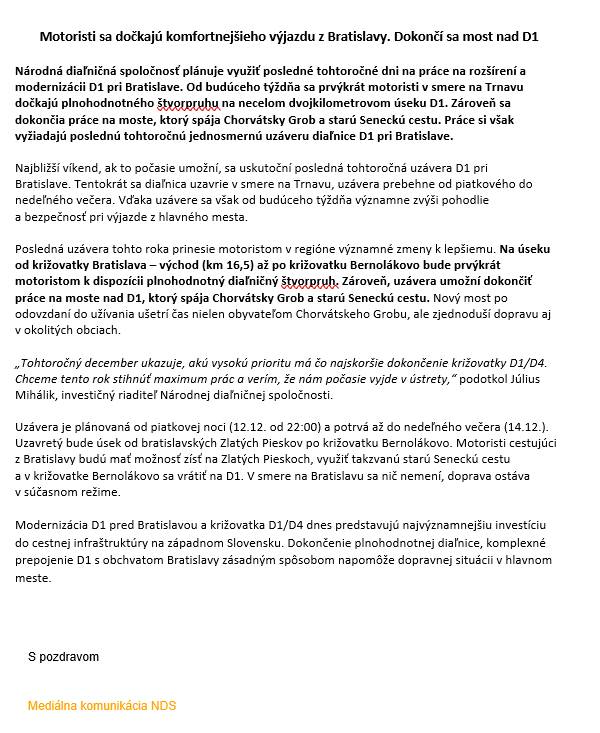 Informácia o aktuálnom vývoji v rámci projektu výstavby D1/D4.