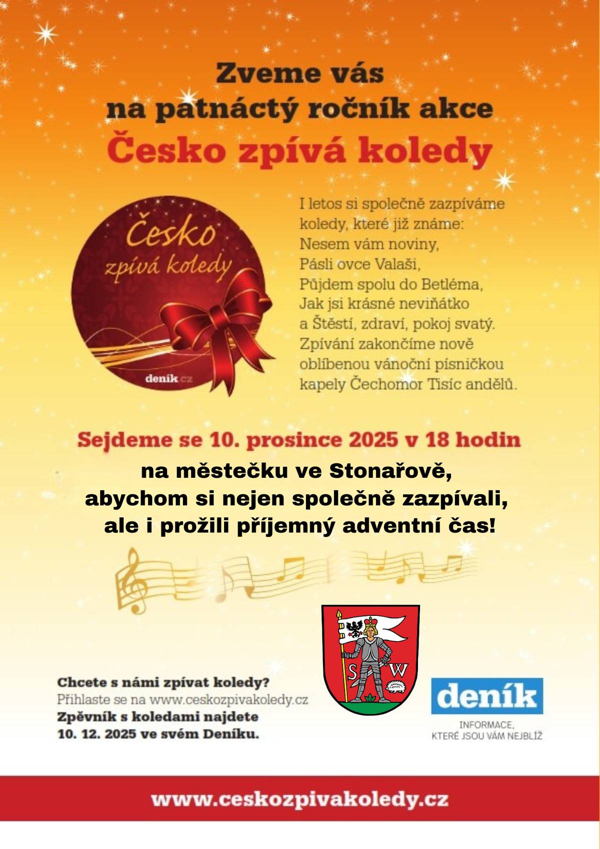 Přijďte si dnes v 18:00 hodin společně zazpívat na městečko ve Stonařově oblíbené koledy: ✨ Nesem vám noviny ✨ Pásli ovce Valaši ✨ Půjdem spolu do Betléma ✨ Jak jsi krásné neviňátko ✨ Štěstí, zdaví, pokoj svatý.  a navíc ještě vánoční písničku kapely Čechomor Tisíc andělů. Texty budou k dispozici a nebude chybět teplý svařáček! Přijďte s námi prožít příjemný adventní čas.