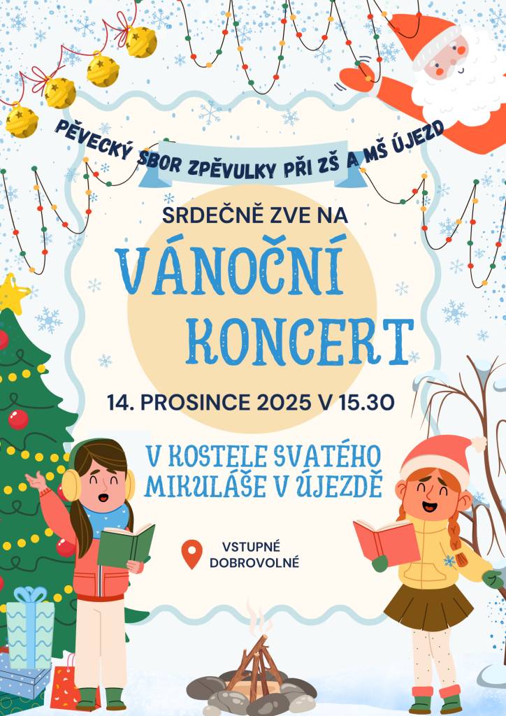 Přijďte na koncert, který se koná 14. prosince 2025 v 15:30 v kostele svatého Mikuláše v Újezdě. Vstupné je dobrovolné a každý je vítán.