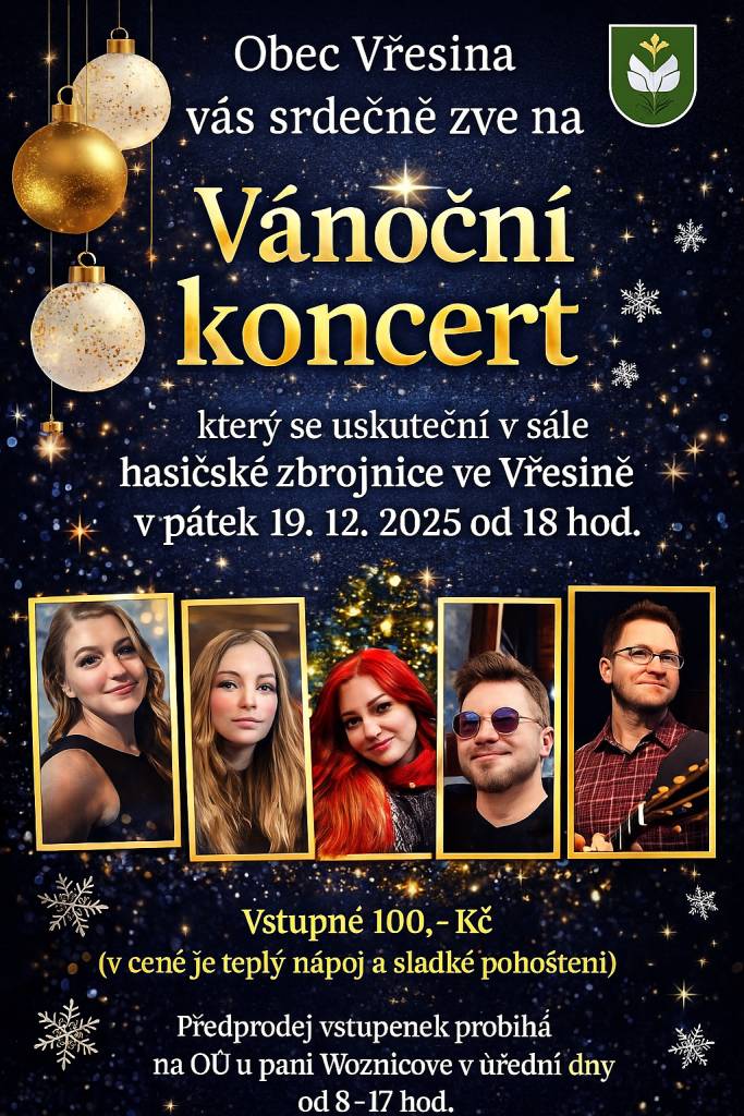 POZVÁNKA NA VÁNOČNÍ KONCERT ????  Obec Vřesina srdečně zve všechny občany na tradiční vánoční koncert, který pro vás každoročně s radostí pořádáme.  Přijďte si společně užít sváteční atmosféru, krásnou hudbu a příjemné setkání s přáteli i sousedy.  Těšíme se na vás a na společně strávený adventní ča