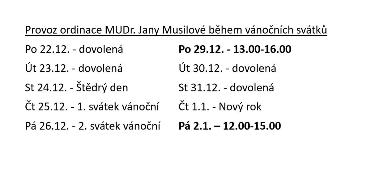 Praktický lékař pro dospělé MUDr. Musilová oznamuje provoz ordinace během vánočních svátků v rozmezí 22.12.2025 - 02.01.2026. Děkujeme za pochopení.