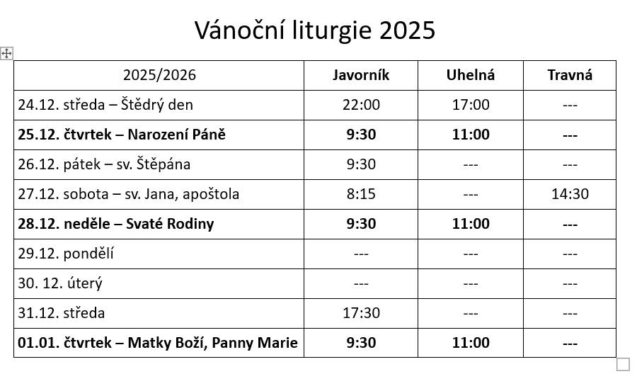 Vážení,  dne 24. 12. 2025 na Štědrý den ve 22:00 hodin proběhne v kostele Nejsvětější Trojice půlnoční vánoční mše.