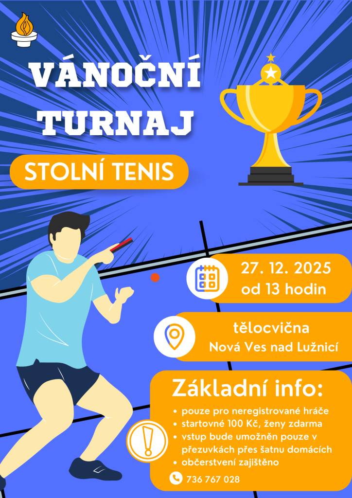 Dne 27.12.2025 od 13:00 hodin v tělocvičně.  VSTUP BUDE UMOŽNĚN POUZE V PŘEZUVKÁCH PŘES ŠATNU DOMÁCÍCH!
