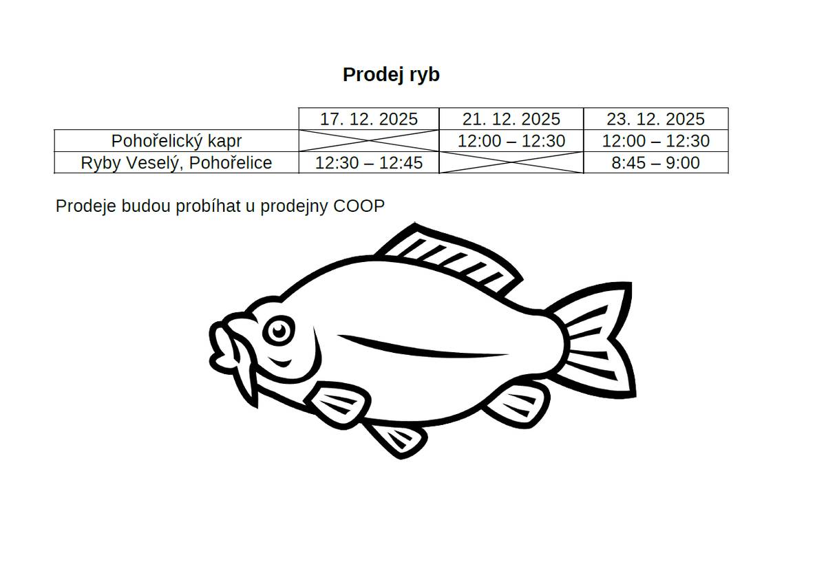 V předvánočním období k nám do obce přijedou dva prodejci ryb 🐟  Pohořelický kapr přijede 21. 12. a 23. 12.  Ryby Veselý Pohořelice přijedou 17. 12. a 23. 12.
