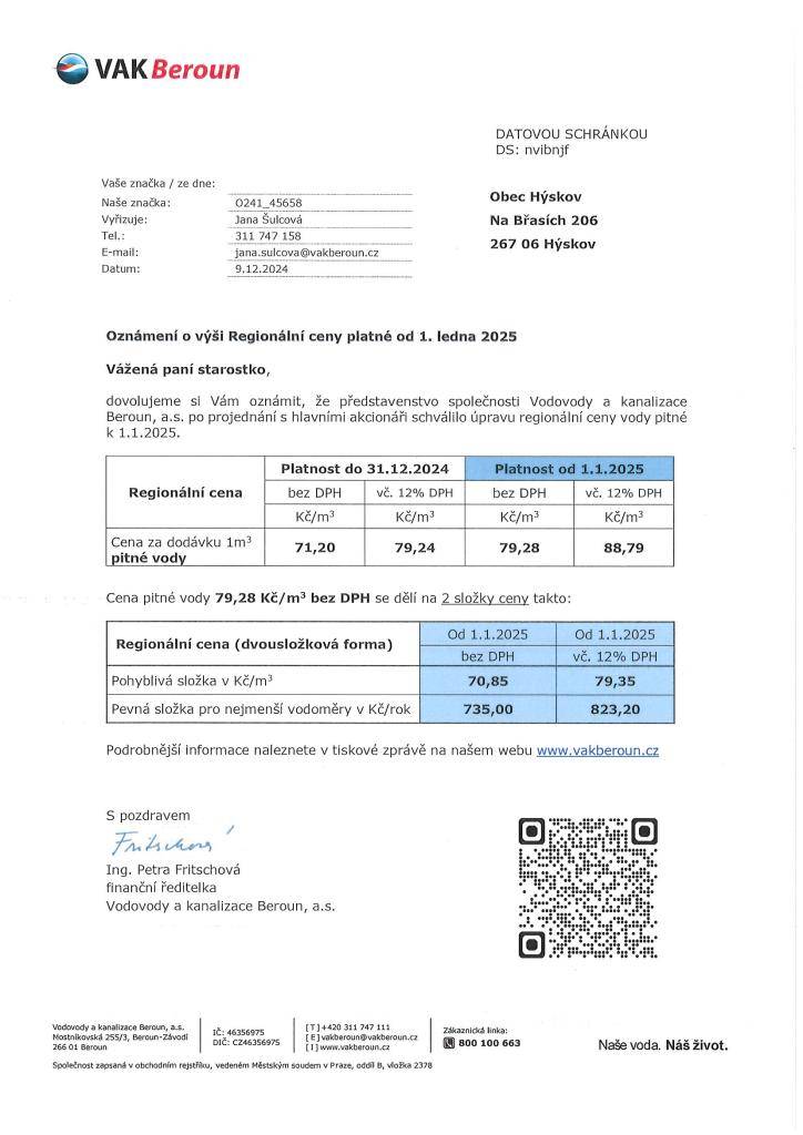 Oznámení o výši Regionální ceny vodného a stočného platné od 1. ledna 2026