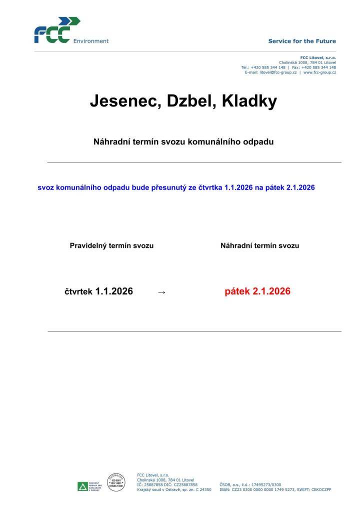 svoz komunálního odpadu bude přesunutý ze čtvrtka 1.1.2026 na pátek 2.1.2026