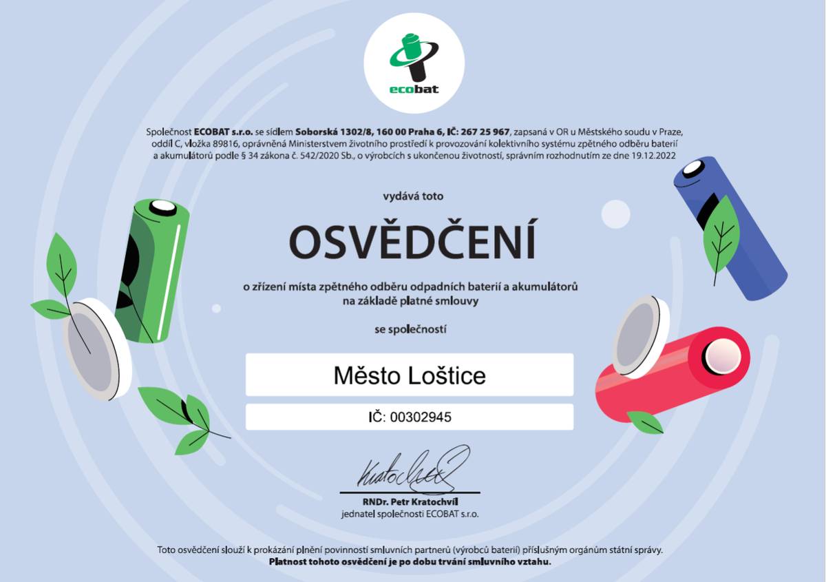 Osvědčení o zřízení místa zpětného odběru odpadních baterií a akumulátorů na základě smlouvy mezi společností ECOBAT, s.r.o. a Městem Loštice.