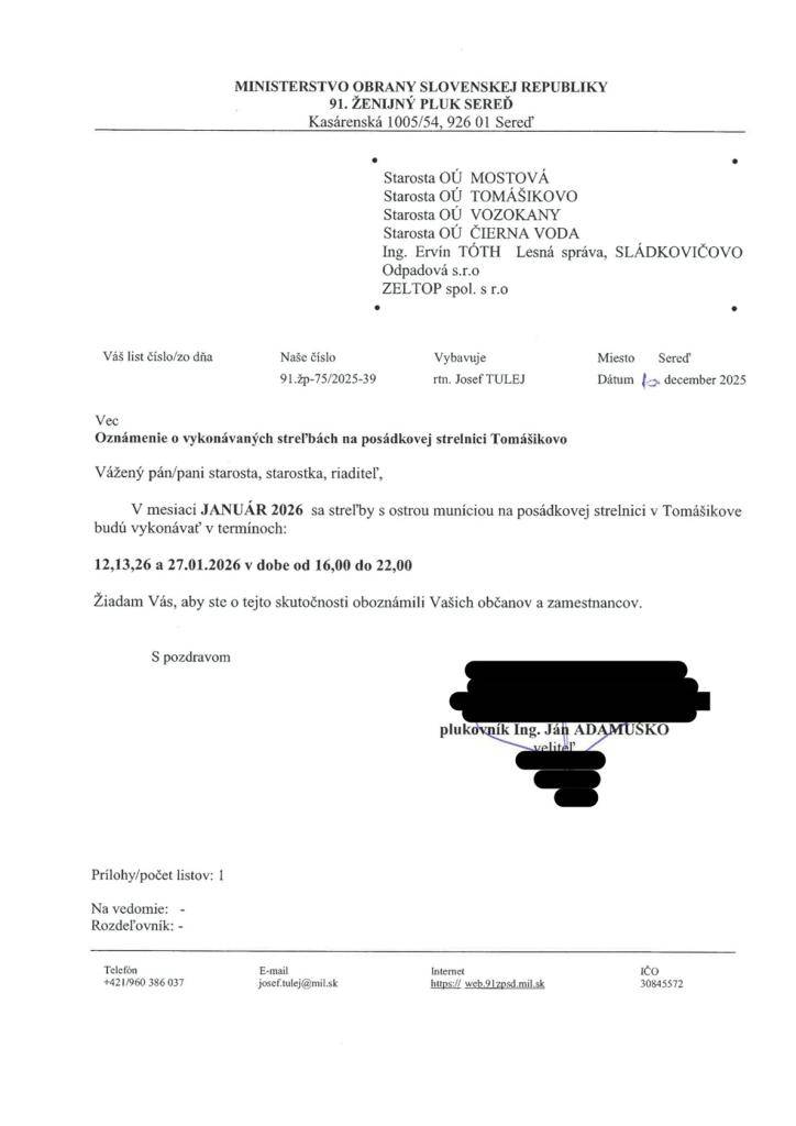 Oznámenie o vykonaní výcviku na strelnici v Tomášikove - streľby s ostrou muníciou - január 2026