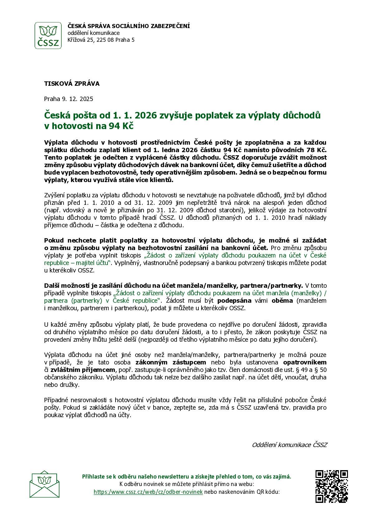 Česká správa sociálního zabezpečení (ČSSZ) informuje: Česká pošta od 1. 1. 2026 zvyšuje poplatek za výplaty důchodů v hotovosti na 94 Kč