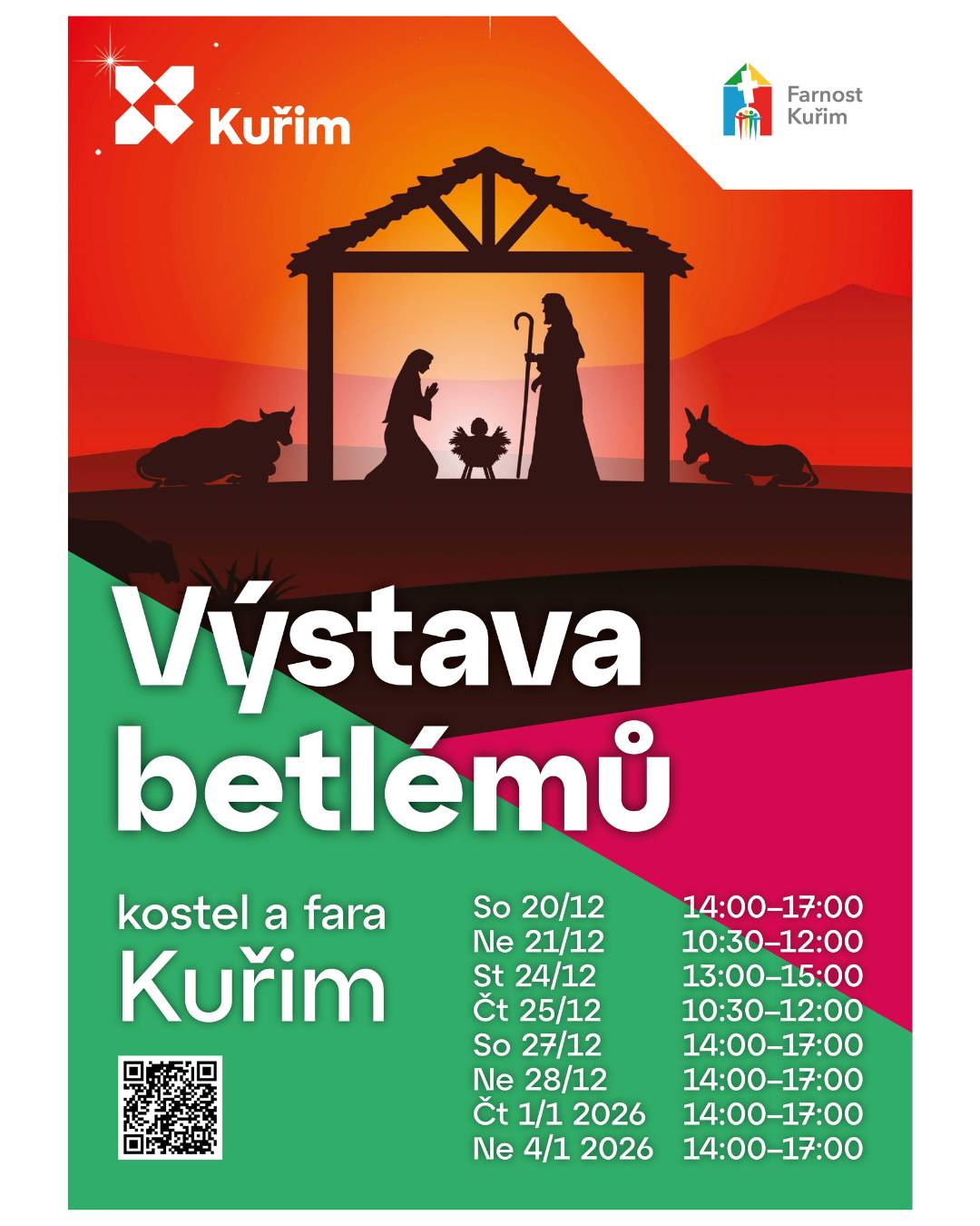Tradiční výstava betlémů v Kuřimi vstupuje do 6. ročníku a letos přináší hned dvě novinky. Poprvé ji uvidíte nejen v kostele sv. Máří Magdalény, ale také na faře – zde bude k vidění výstava Betlémy ze sbírky Zdeňka Jílka a jeho přátel. Komentovaná prohlídka autora sbírky proběhne v neděli 21. prosince od 10:30 do 12:00. Betlémy vytvořené uznávanými betlemáři doplní práce dětí ze základních a mateřských škol, betlémy kuřimských občanů i místních spolků. Novinkou je také samostatná trasa Pojďme spolu do Betléma ulicemi Kuřimi, kterou si můžete projít kdykoliv mezi 20. 12. 2025 a 4. 1. 2026. 🕒 Otevírací doba výstavy v kostele a na faře: 20/12 14:00–17:00 21/12 10:30–12:00 24/12 13:00–15:00 25/12 10:30–12:00 27/12 14:00–17:00 28/12 14:00–17:00 1/1 2026 14:00–17:00 4/1 2026 14:00–17:00   Více na: farakurim.cz/betlemy