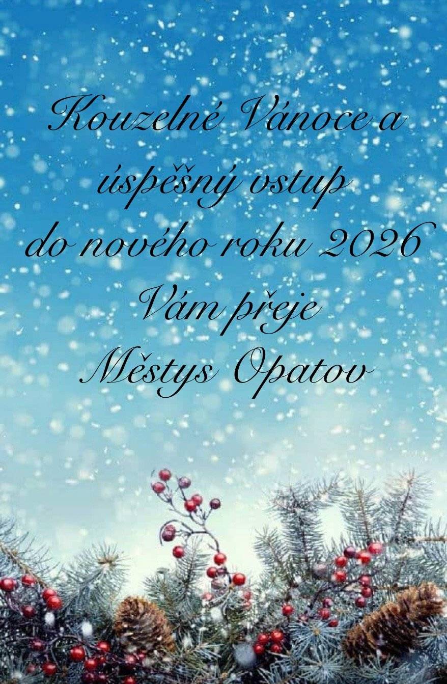 Úřad městyse Opatov bude od pondělí 22.12.2025 do pátku 2.1.2026 uzavřen. Otevřen bude opět v pondělí 5.1.2026 v běžných úředních hodinách.