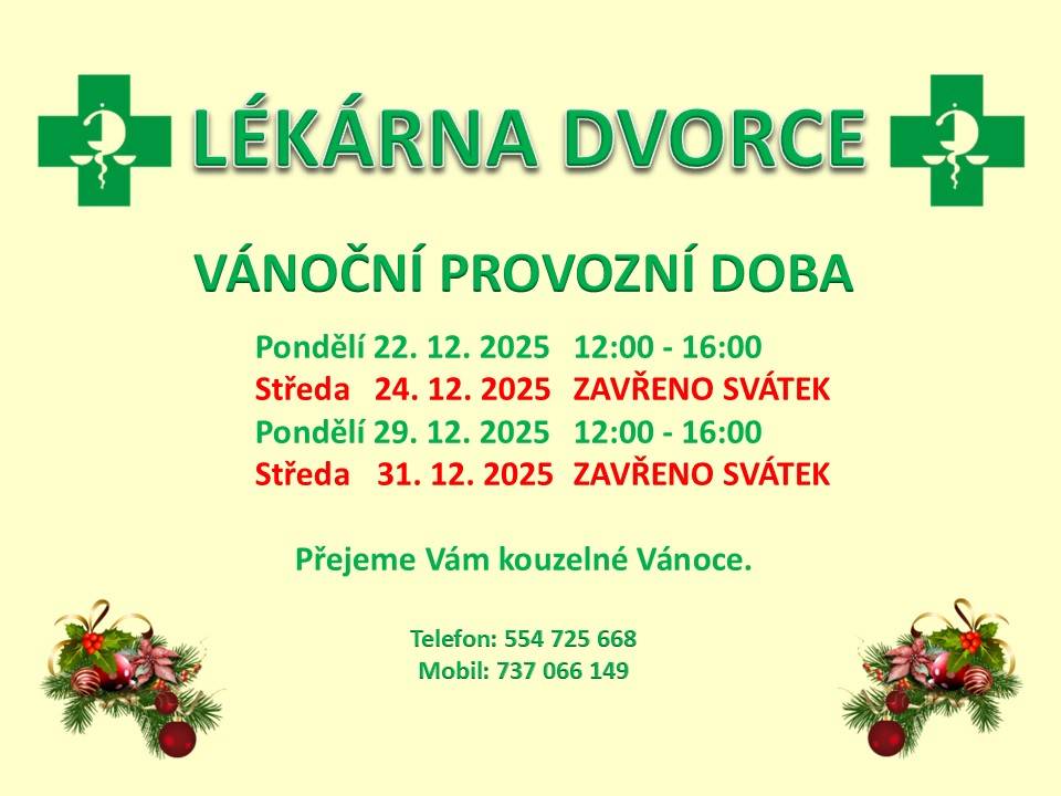 Provoz lékárny o vánočních svátcích.