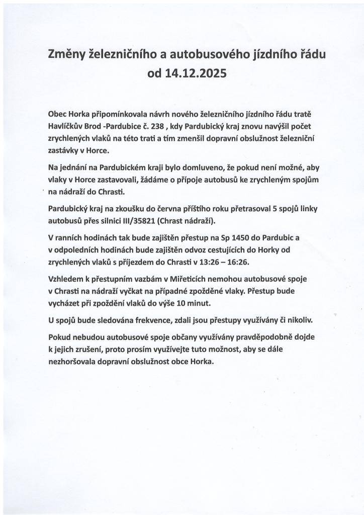 Změny železničního a autobusového jízdního řádu od 14.12.2025