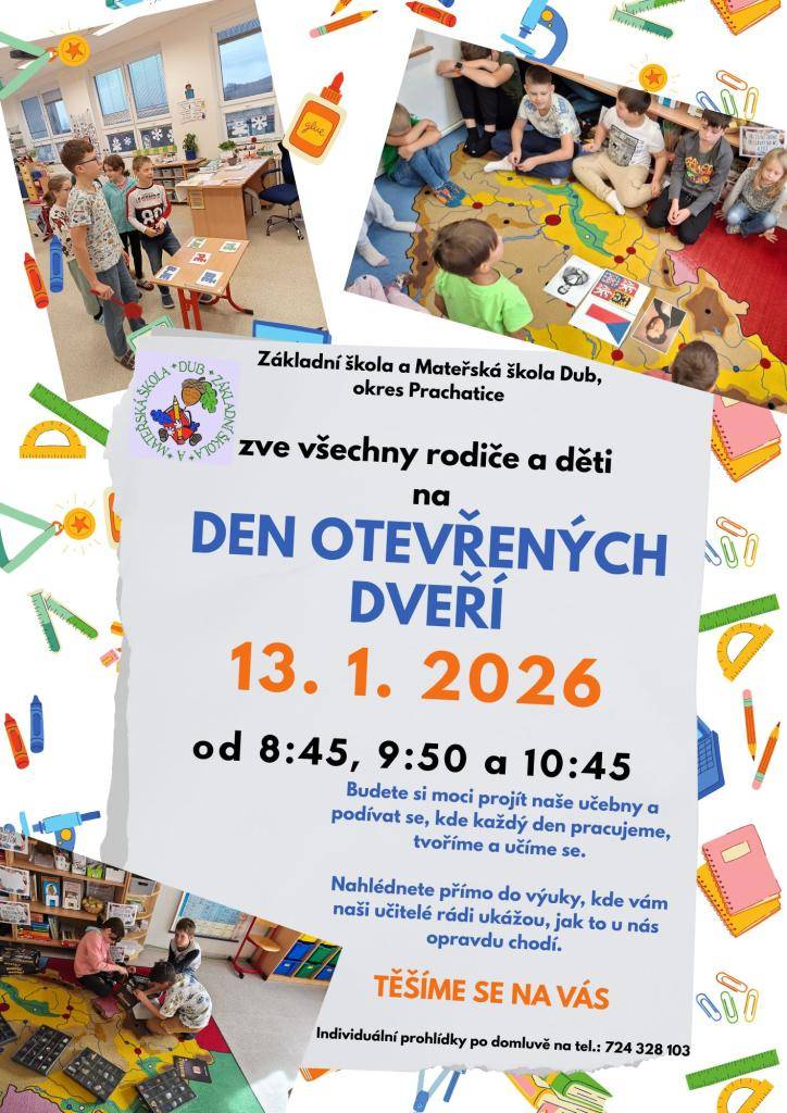 Zveme všechny rodiče a jejich děti na Den otevřených dveří do naší základní školy. Přijďte nahlédnout přímo do hodin, poznat náš styl výuky a vyzkoušet si, jak se budoucí prvňáčci mohou zapojit do výuky s námi.