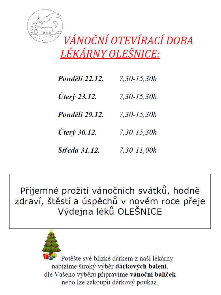 Lékárna Olešnice oznamuje upravenou otevírací dobu během vánočních svátků.