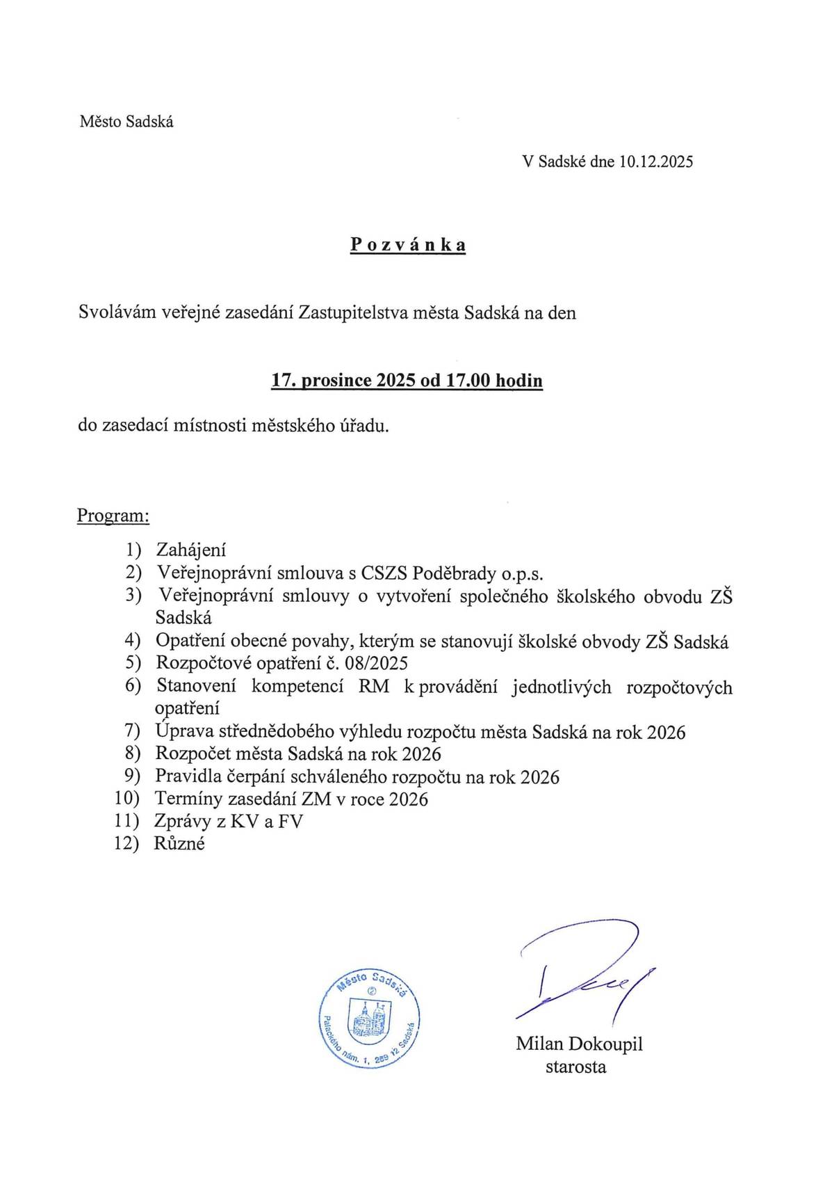 Pozvánka na zasedání zastupitelstva města