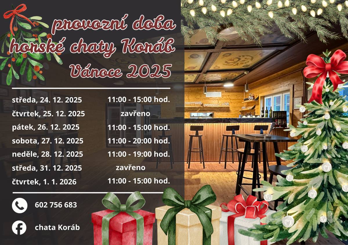 Horská chata Koráb své dveře hostům otevře i v nadcházejících Vánočních svátcích a v Novém roce. Podívejte se na sváteční provozní dobu horské chaty. Místo v restauraci si můžete předem telefonicky rezervovat.