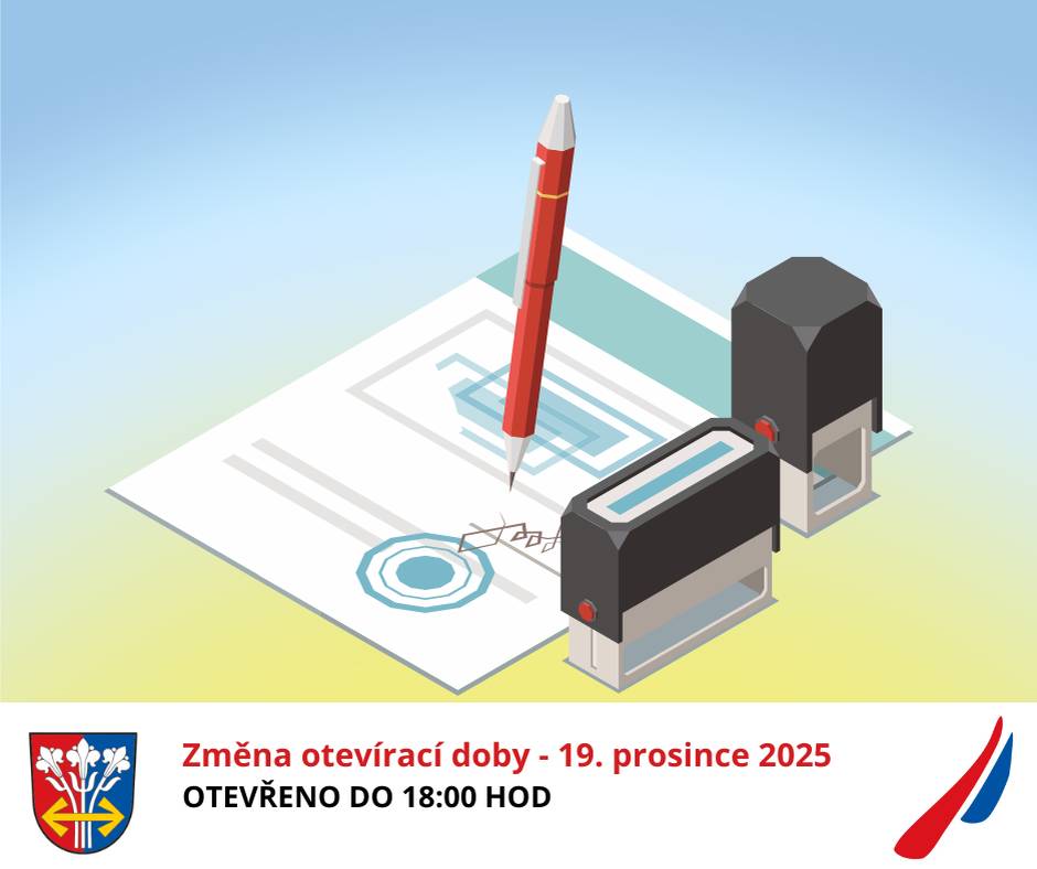 Upozorňujeme na změnu otevírací doby dne 19. prosince - otevřeno bude do 18:00 hod. Děkujeme za pochopení.