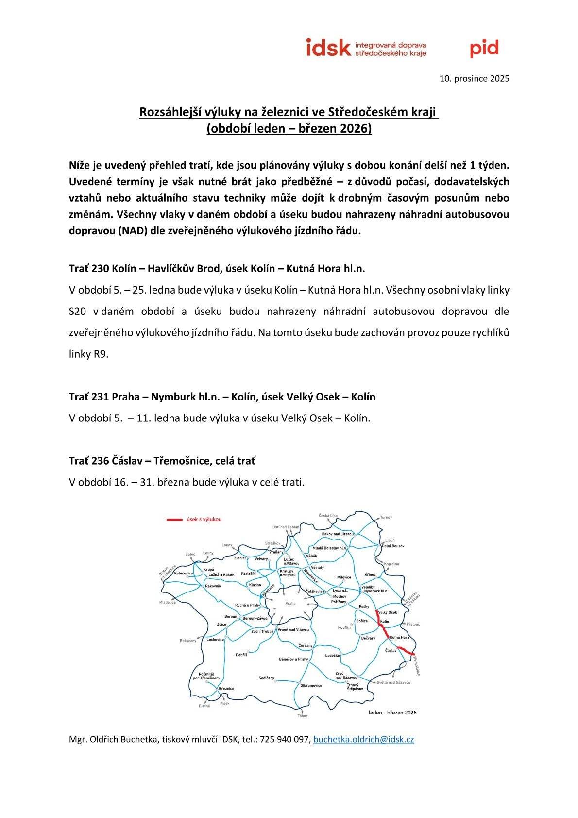 Rozsáhlejší výluky na železnici ve Středočeském kraji (leden – březen 2026)