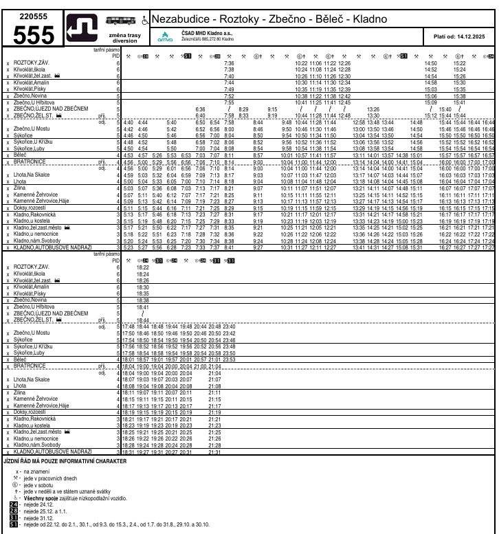 autobusové linky č. 555 platný od 14.12. 2025