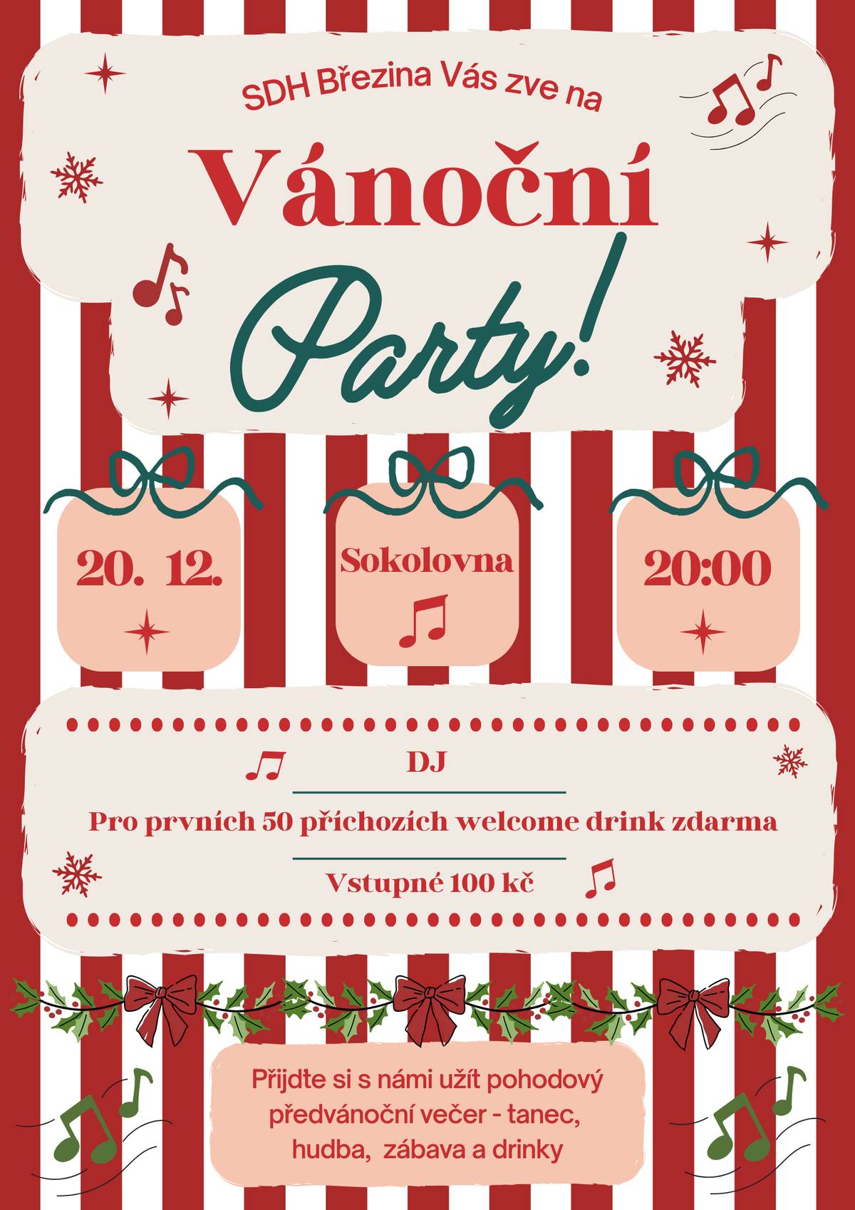 SDH Březina zve na Vánoční Party, která se bude konat v sobotu 20. prosince. 🪩🎅 Přijďte si užít předvánoční večer plný skvělé hudby, tance, zábavy a dobré nálady! Pro více informací sledujte sociální sítě SDH Březina.