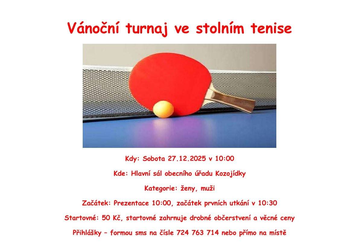 Vánoční turnaj ve stolním tenise 2025 27.12.2025 v 10.00hod, v sále obecního úřadu Kozojídky