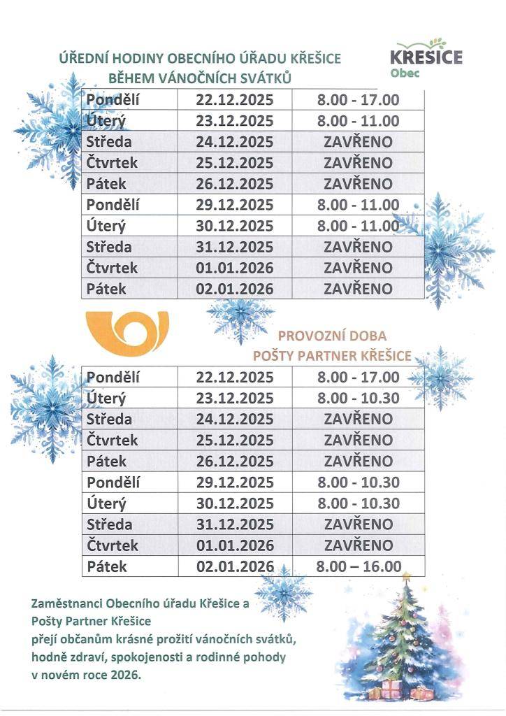 Zaměstnanci Obecního úřadu Křešice a Pošty Partner Křešice přejí občanům krásné prožití vánočních svátků, hodně zdraví, spokojenosti a rodinné pohody v novém roce 2026.