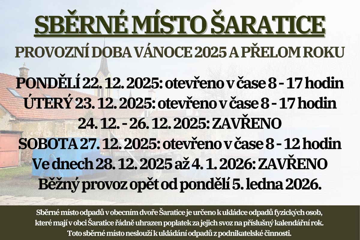 PONDĚLÍ 22. 12. 2025: otevřeno  v čase 8 - 17 hodin ÚTERÝ 23. 12.2025: otevřeno  v čase 8 - 17 hodin 24.12. - 26. 12. 2025: ZAVŘENO SOBOTA 27. 12. 2025: otevřeno  v čase 8 - 12 hodin Ve dnech 28. 12. 2025 až 4. 1. 2026: ZAVŘENO  Běžný provoz opět od pondělí 5. ledna 2026.