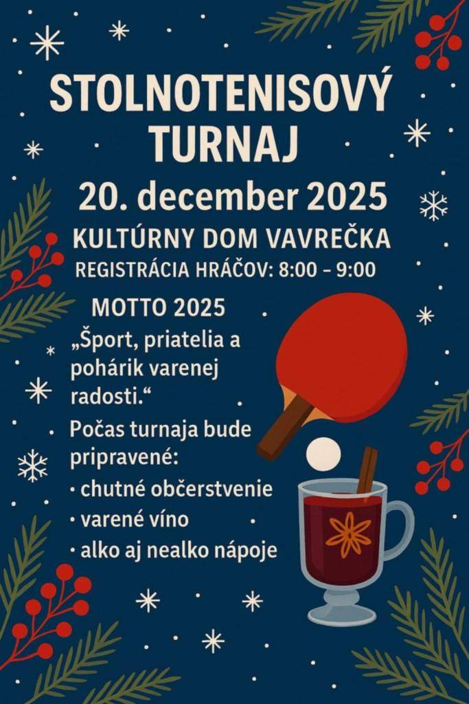 Stolnotenisový turnaj - 20.12.2025 v sále kultúrneho domu