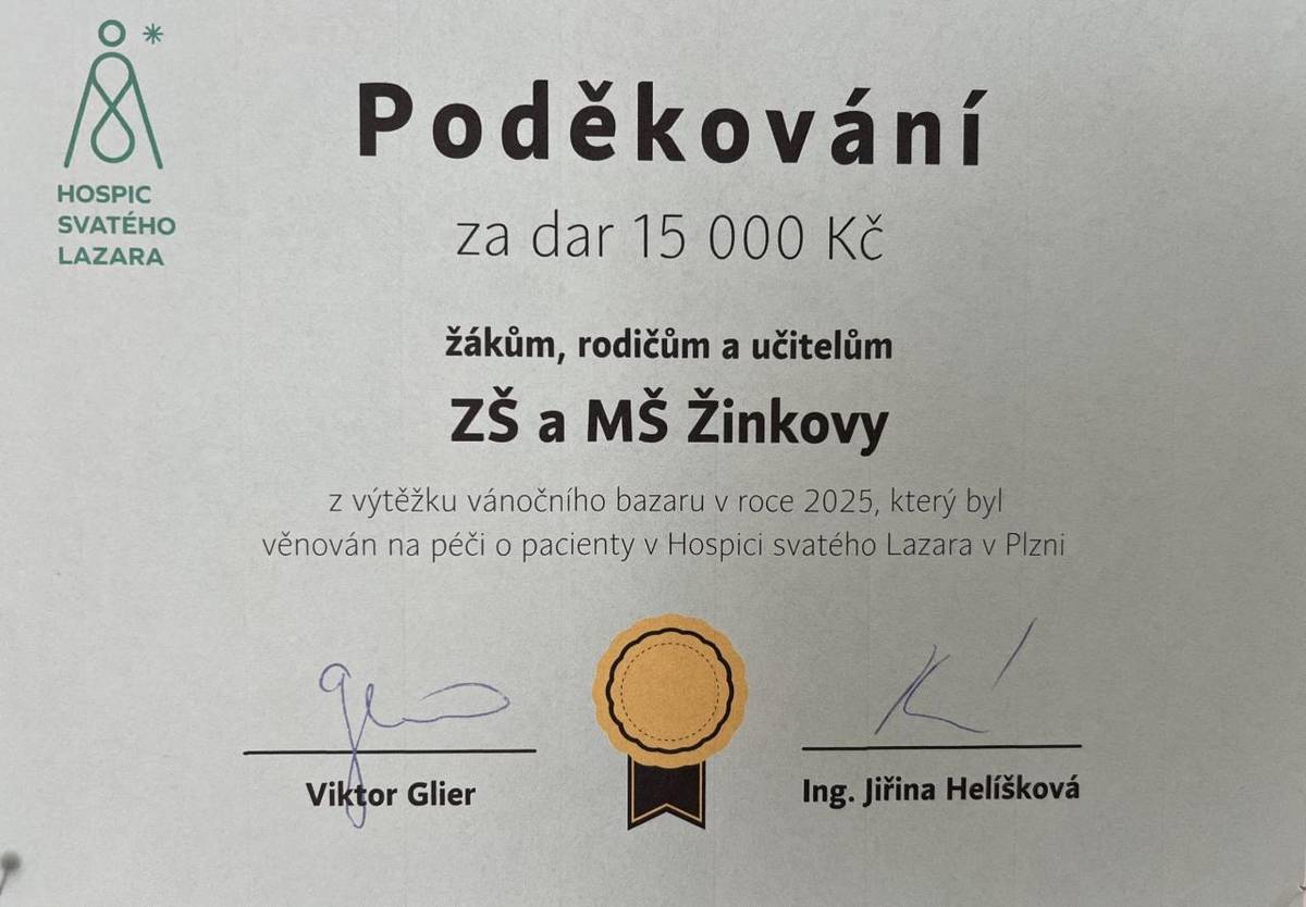 V úterý 9. 12. uspořádala VII. třída 7. vánoční bazar, který byl opět velice úspěšný. Prodaly se věci za 15 000 KČ. Peníze putovaly do Hospice sv. Lazara v Plzni. Všem moc děkujeme za velké nákupy a přinesené věci.