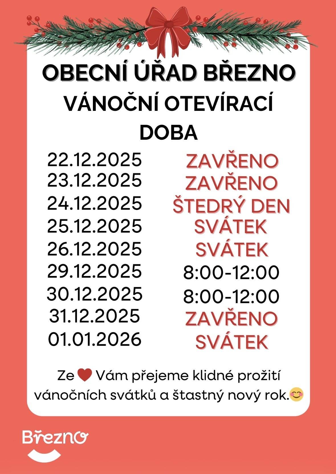 Vánoční otevírací doba obecního úřadu 🎄♥️