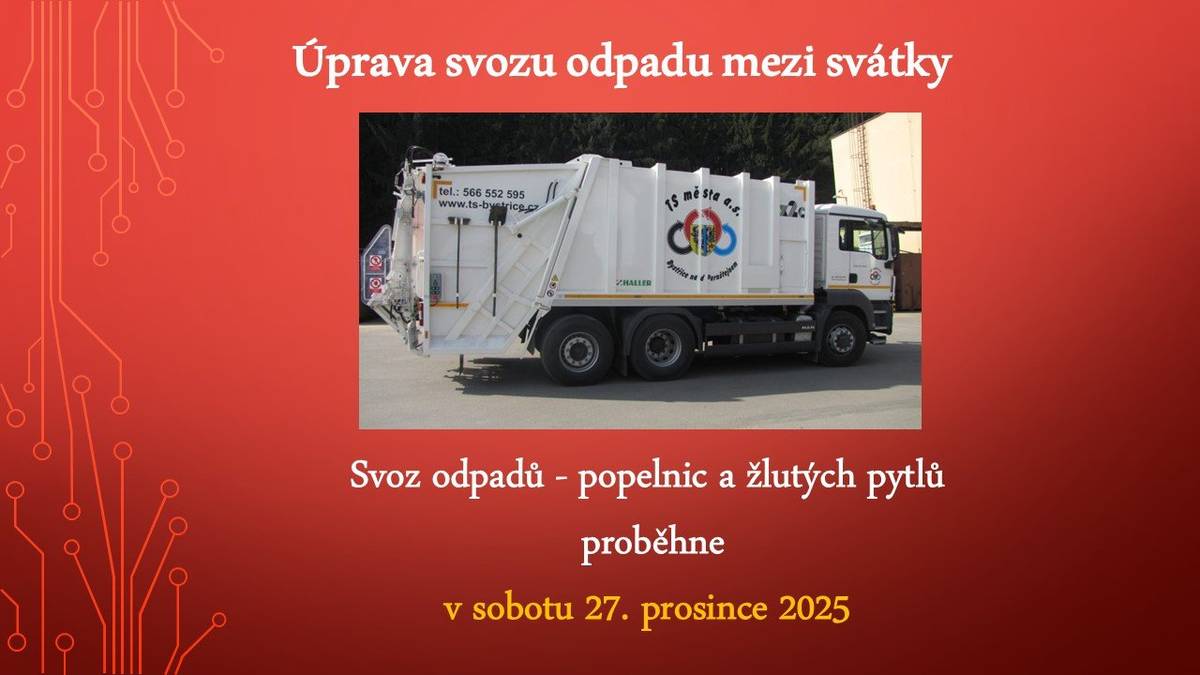 Svoz odpadu - popelnice a žluté pytle proběhne v sobotu 27.prosince 2025.